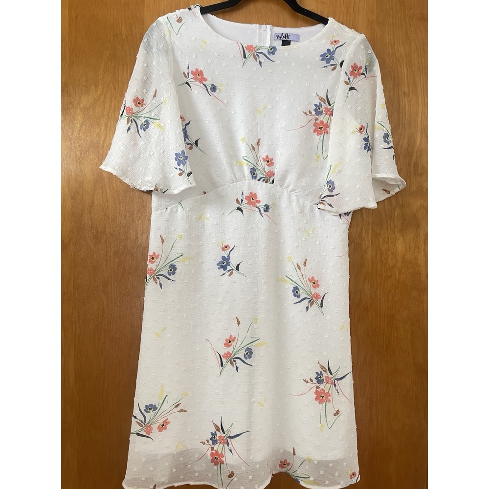 Violet‎ Women's Floral Swiss Dot Dress Ivory Multicolor Short Sleeve Size L - Picture 2 of 4